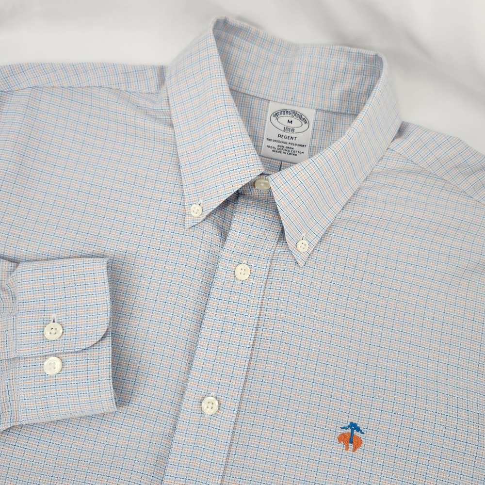 Brooks Brothers Men Blue Orange Micro Check Regent Shirt M Non-Iron Button Down